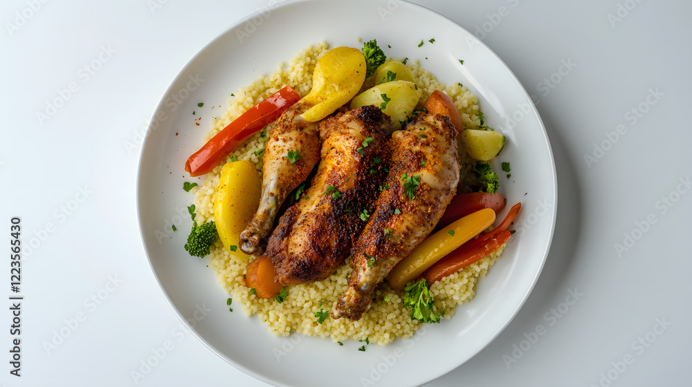 Hyperrealistic Exquisite Food Dish with Harissa Chicken, Fluffy Couscous, and Vibrant Mixed Vegetables Presented on a White Plate Hyperrealistic Exquisite Food Dish with Harissa Chicken, Fluffy Couscous, and Vibrant Mixed Vegetables Presented on a White Plate