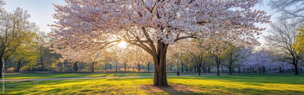 Cherry blossom tree stands majestically in a peaceful park with vibrant flowers blooming against a backdrop of soft morning sunlight, radiating tranquility during springtime Cherry blossom tree stands majestically in a peaceful park with vibrant flowers blooming against a backdrop of soft morning sunlight, radiating tranquility during springtime