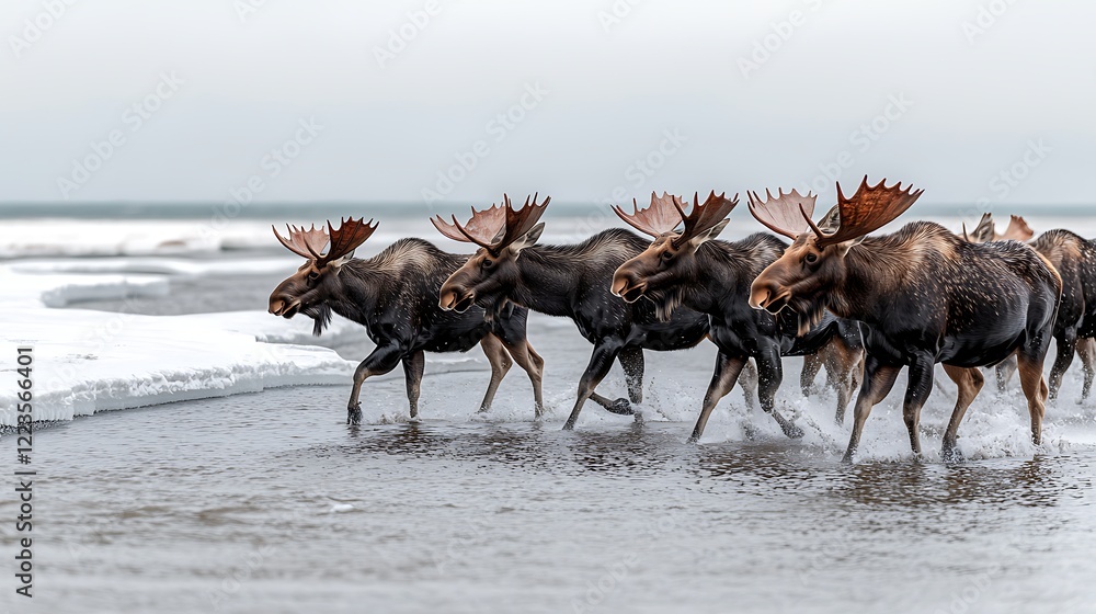 Obraz premium Moose herd winter coastal migration, snowy background, wildlife photography