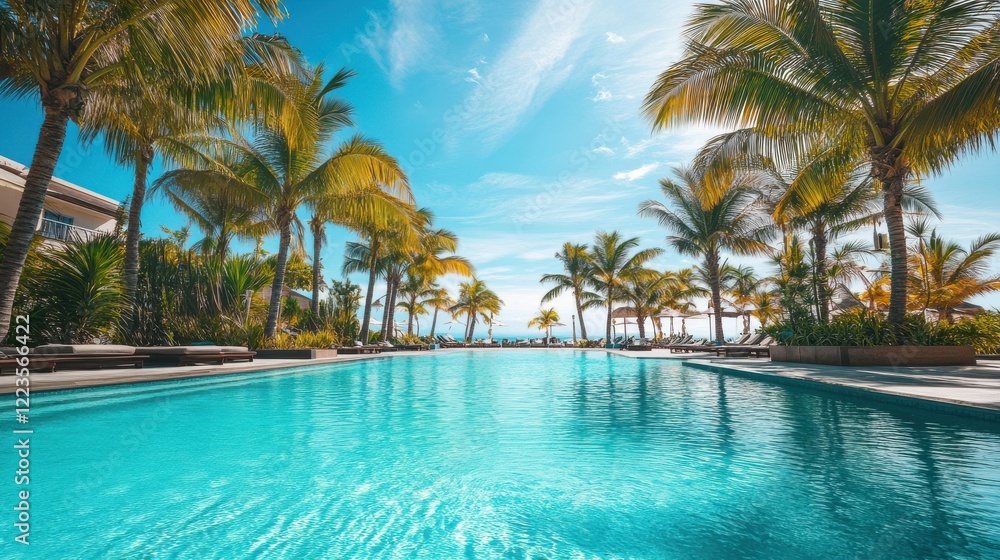 Tropical resort pool surrounded by palm trees under a clear blue sky Tropical resort pool surrounded by palm trees under a clear blue sky