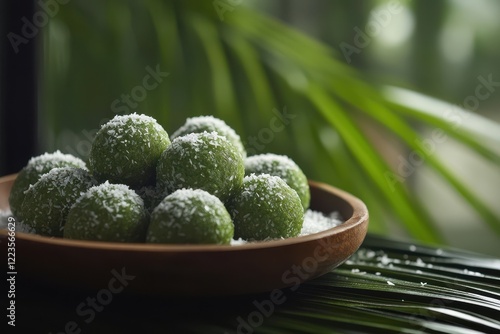 Klepon is a traditional Indonesian treat made from sticky rice flour with pandan shaped into green balls filled with palm sugar and coated in grated coconut photo