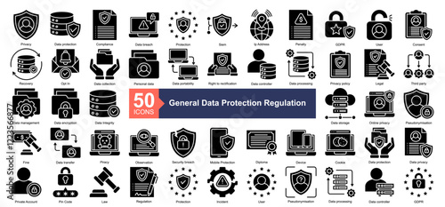 General Data Protection Regulation Icon Collection Set.Containing Privacy, Data protection, Compliance, Data breach, Protection, Siem, Ip Address icon. Simple glyph style Vector Illustration.	
