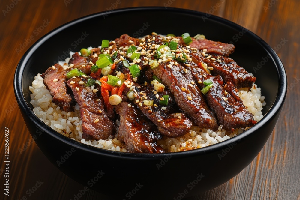 Korean BBQ beef with sesame and spring onion served with rice in a black bowl on a dark wooden table vertical orientation Korean BBQ beef with sesame and spring onion served with rice in a black bowl on a dark wooden table vertical orientation