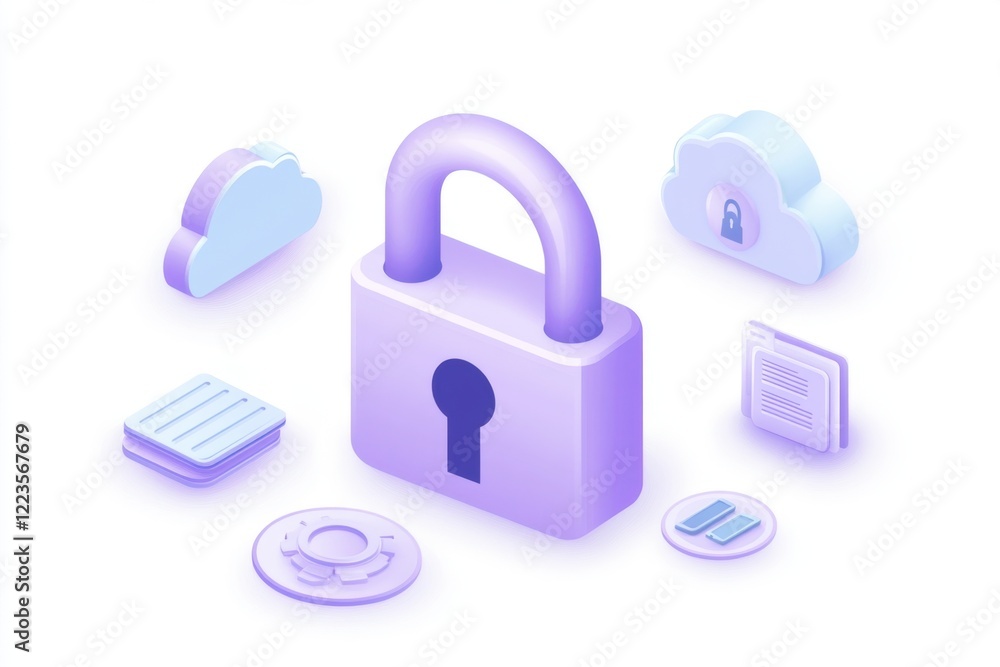 padlock surrounded by cloud icons and file icons in a lavender color, symbolizing security in data storage with AI technology Generative AI padlock surrounded by cloud icons and file icons in a lavender color, symbolizing security in data storage with AI technology Generative AI