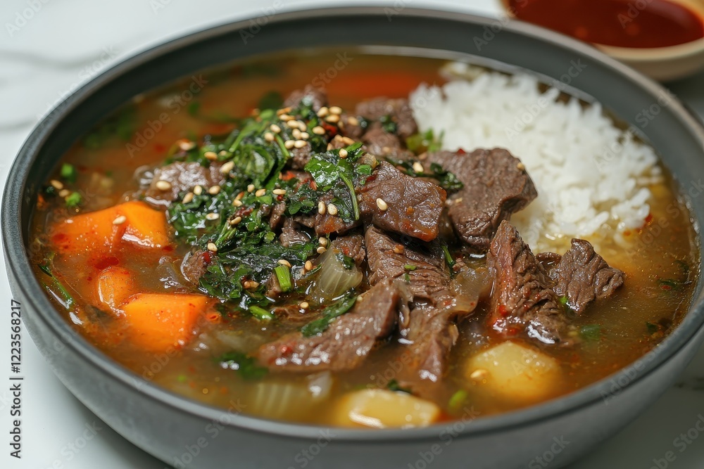 Korean beef soup with herbs on a gray plate against a white backdrop accompanied by rice and spicy red sauce Korean beef soup with herbs on a gray plate against a white backdrop accompanied by rice and spicy red sauce