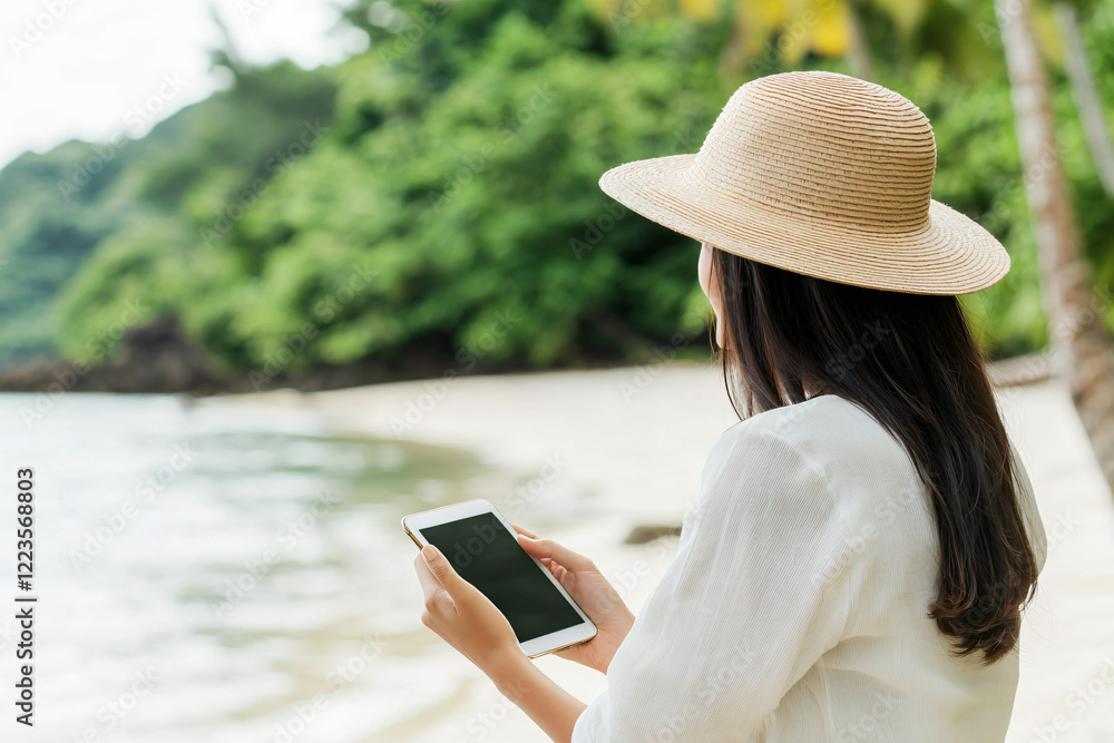 Fototapeta premium elegant businesswoman with straw hat conducting video call from paradise beach