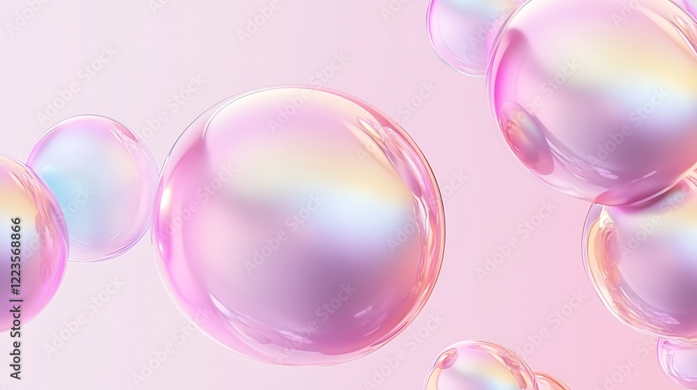 Iridescent Bubbles Floating on Pink Background Iridescent Bubbles Floating on Pink Background