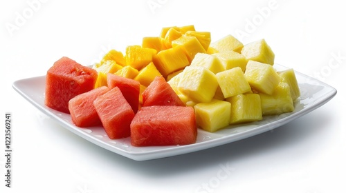 A refreshing mix of tropical fruits like pineapple, mango, papaya, and watermelon, arranged on a white plate with sunlight streaming in, creating reflections on the glossy skins and soft shadows benea photo