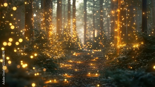 Enchanted forest path illuminated by magical floating lights in twilight