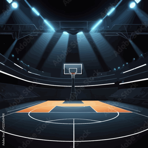 Futuristic basketball court at night with shining spotlights and exciting atmosphere before the sports event. Basketball court vector as sports background for advertising.