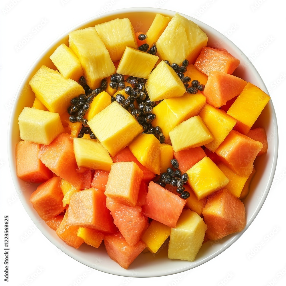 A bowl of tropical fruit salad with papaya, pineapple, and mango chunks A bowl of tropical fruit salad with papaya, pineapple, and mango chunks
