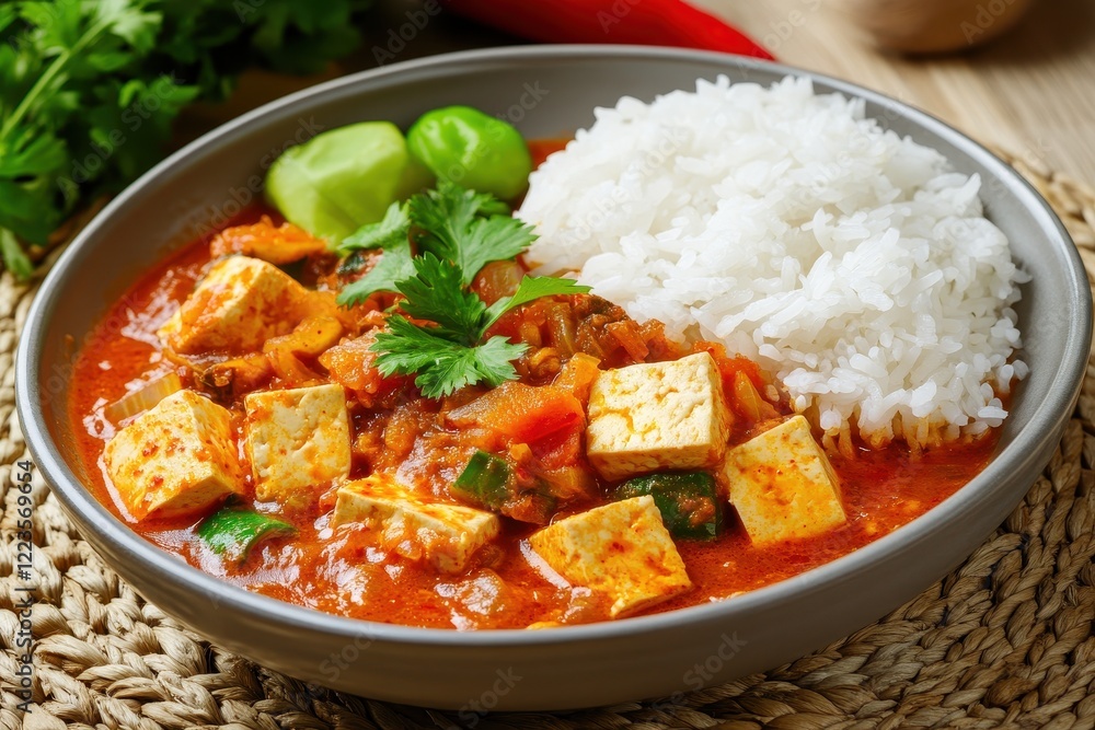 Korean dish soft tofu stew with kimchi paste and rice presented in studio lighting Korean dish soft tofu stew with kimchi paste and rice presented in studio lighting