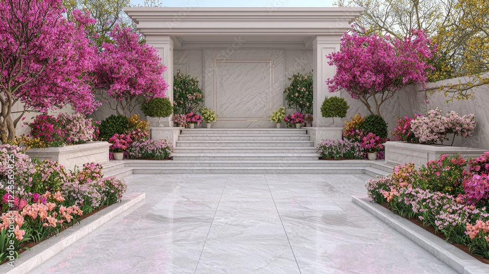Fototapeta premium Spring garden, marble patio, blooming trees, calm background, serene landscape design
