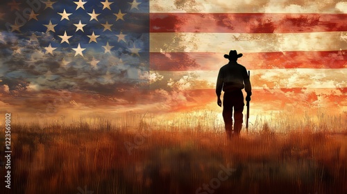 Farmer walking in wheat field with american flag at sunset