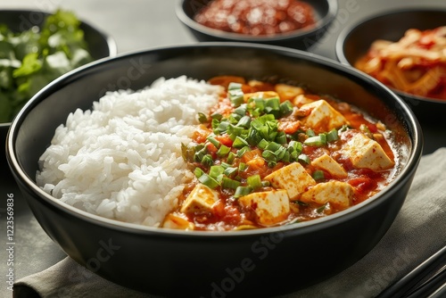 Korean dish spicy tofu stew with rice and sides in studio lighting photo