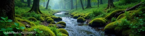 serpentine river winding through mossy forest, nature, serene
