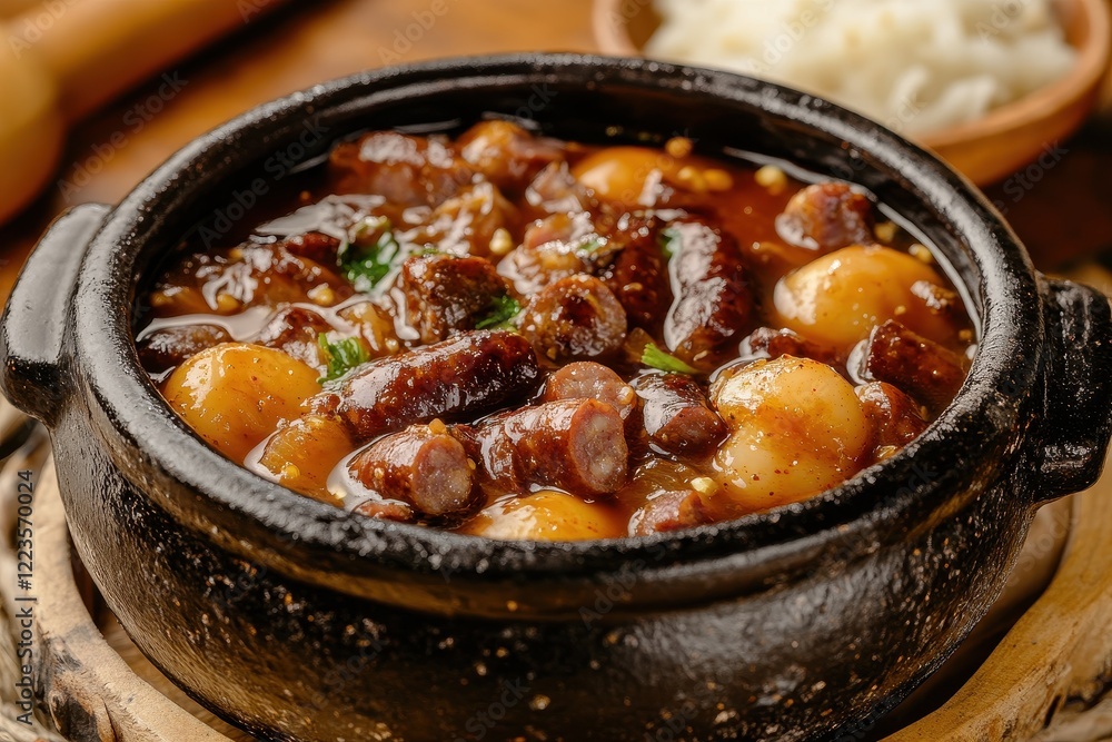 Korean dish sundae gukbap served in an earthen pot It s sausage soup with rice Korean dish sundae gukbap served in an earthen pot It s sausage soup with rice