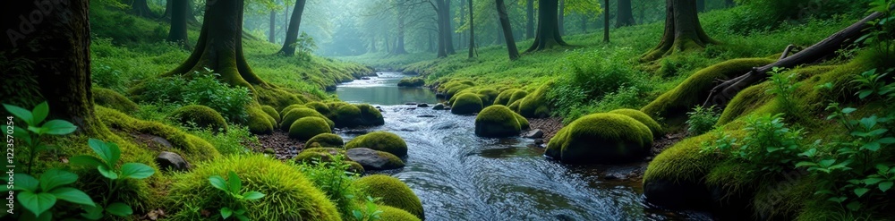 serpentine river winding through mossy forest, nature, serene serpentine river winding through mossy forest, nature, serene