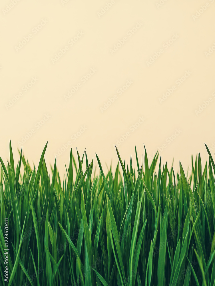 Fototapeta premium Fresh green grass with a light beige background.