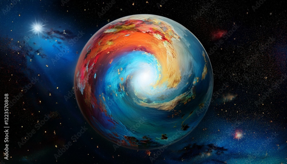 Obraz premium 암흑 공간에 떠있는 독특한 색상의 구형 행성