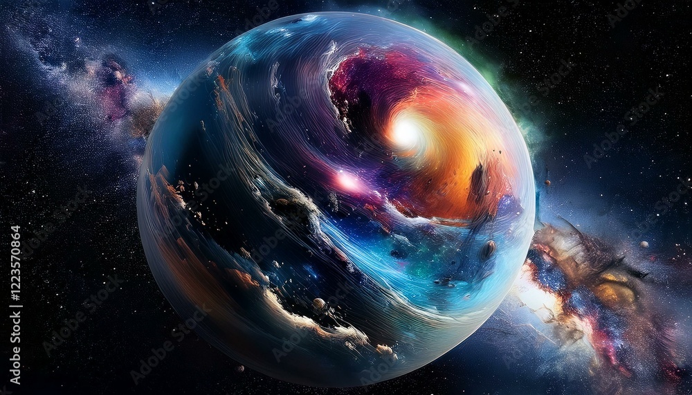 Obraz premium 암흑 공간에 떠있는 독특한 색상의 구형 행성
