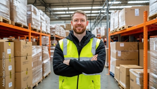 Warehouse worker smiles, arms crossed, boxes stacked