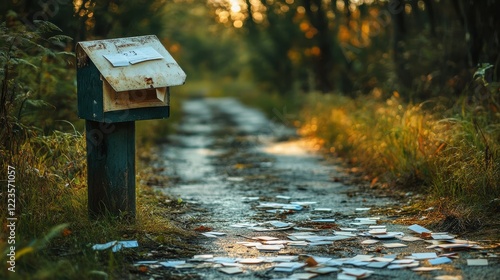 Abandoned mailbox on overgrown path with fallen letters amidst forest