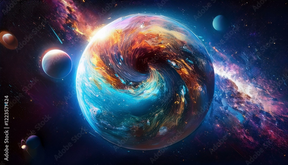 Obraz premium 암흑 공간에 떠있는 독특한 색상의 구형 행성