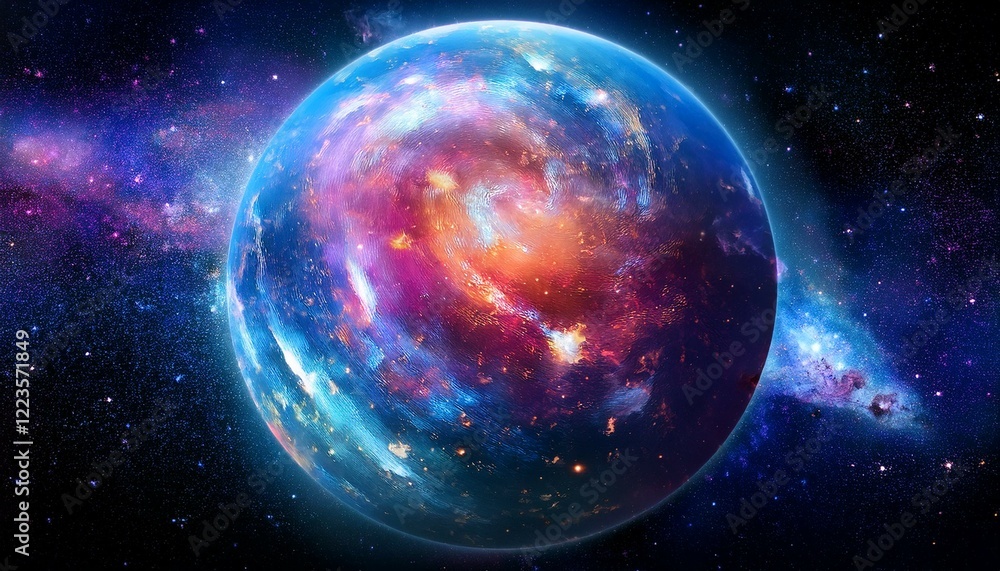 Obraz premium 암흑 공간에 떠있는 독특한 색상의 구형 행성