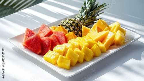 A refreshing mix of tropical fruits like pineapple, mango, papaya, and watermelon, arranged on a white plate with sunlight streaming in, creating reflections on the glossy skins and soft shadows benea photo