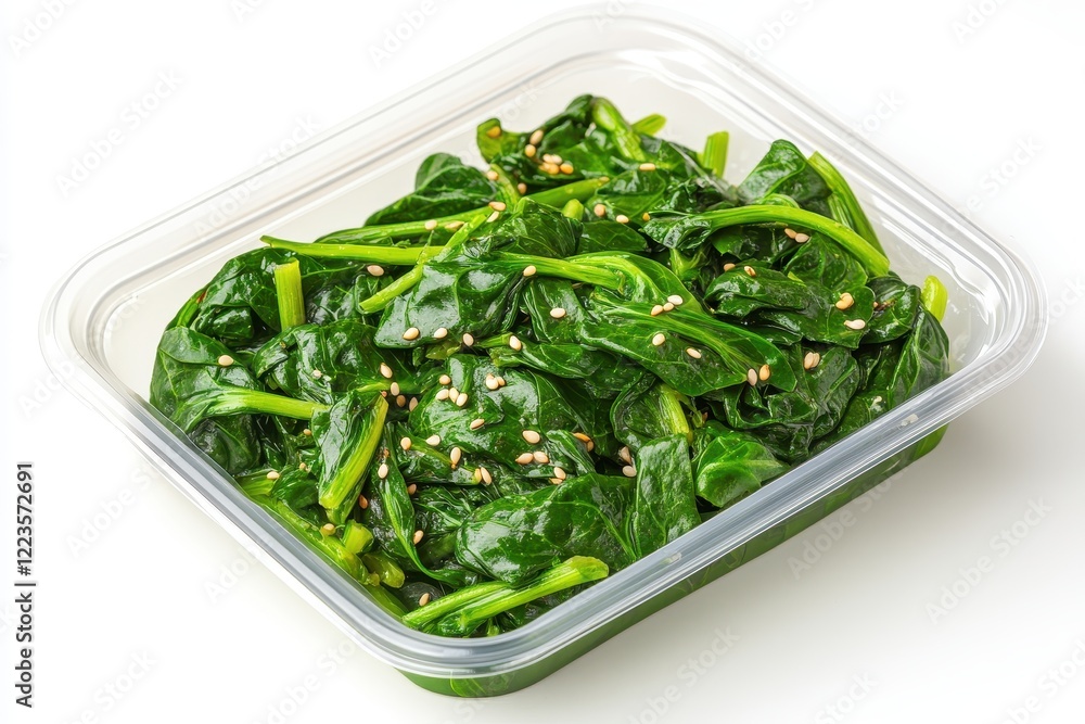 Korean spinach dish in a plastic container on a white background blanched and seasoned with soy sauce garlic and sesame oil Korean spinach dish in a plastic container on a white background blanched and seasoned with soy sauce garlic and sesame oil