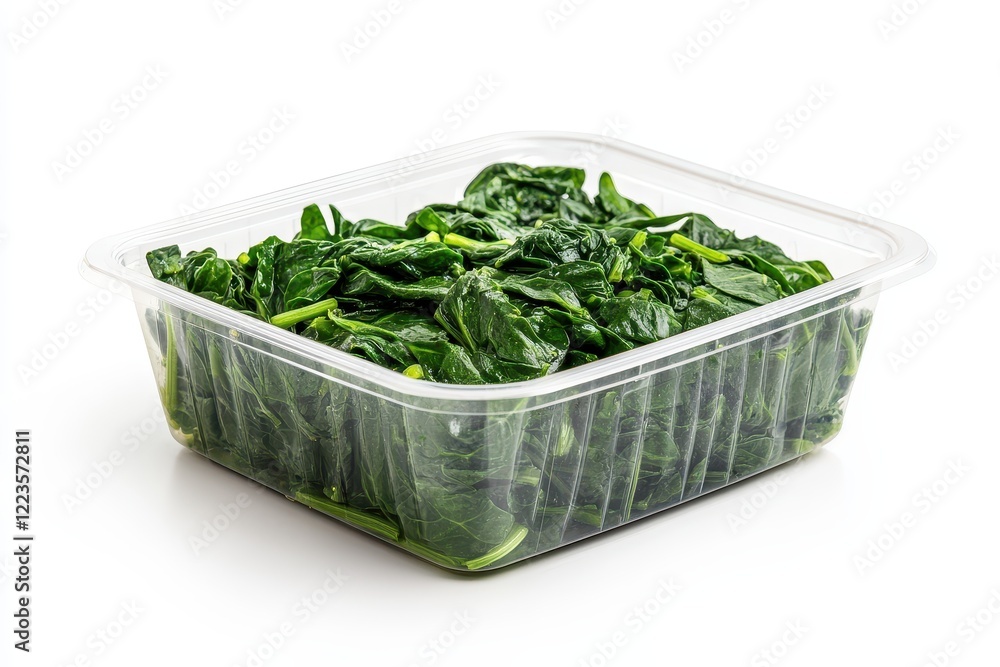 Korean spinach side dish in plastic container on white background Blanched spinach dressed with soy sauce garlic and sesame oil Korean spinach side dish in plastic container on white background Blanched spinach dressed with soy sauce garlic and sesame oil