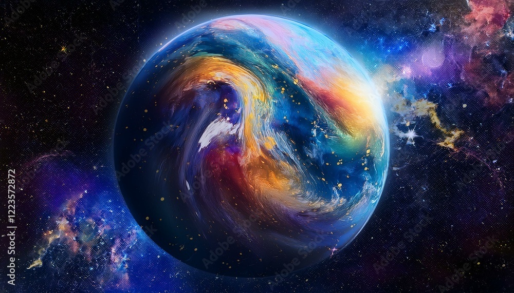 Obraz premium 암흑 공간에 떠있는 독특한 색상의 구형 행성