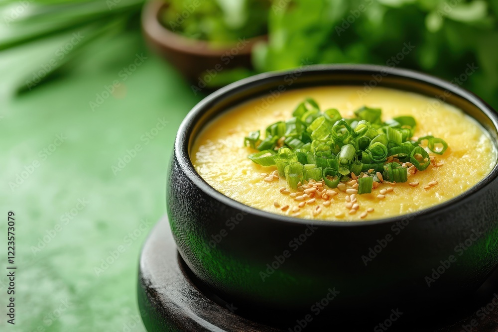 Korean steamed egg custard Gyeranjjim with green onions on a green table Korean steamed egg custard Gyeranjjim with green onions on a green table