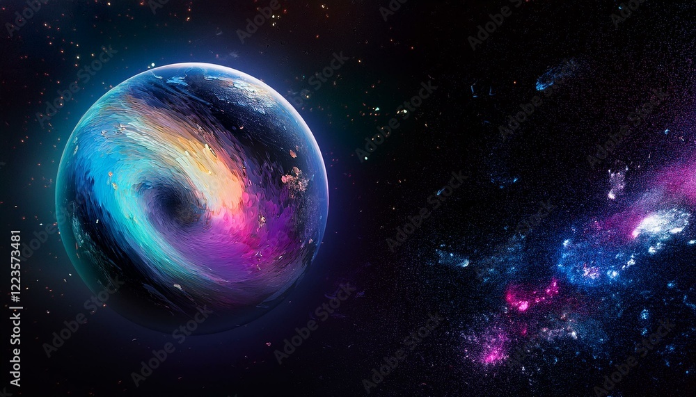 Obraz premium 암흑 공간에 떠있는 독특한 색상의 구형 행성
