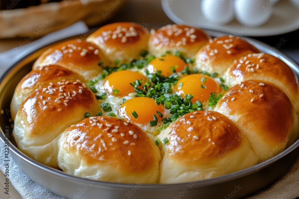 Korean street egg bread Gyeran Bbang in a metal bowl on a white plate Korean street egg bread Gyeran Bbang in a metal bowl on a white plate