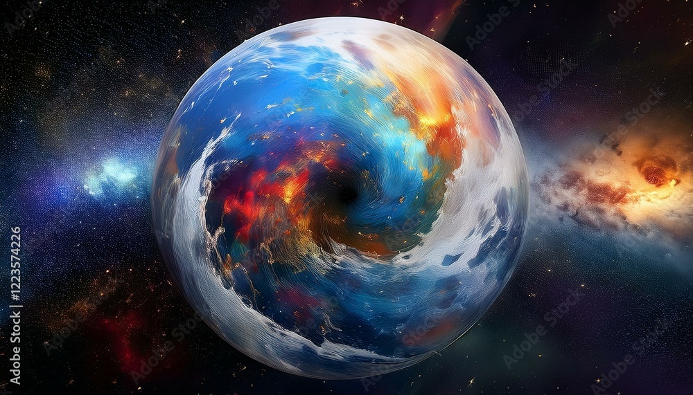 Obraz premium 암흑 공간에 떠있는 독특한 색상의 구형 행성
