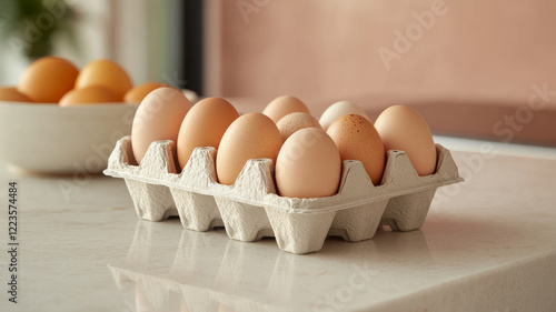 Eggs in a carton on a kitchen countertop.