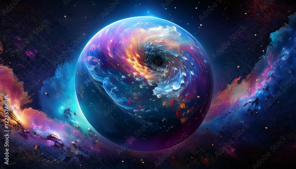 Obraz premium 암흑 공간에 떠있는 독특한 색상의 구형 행성