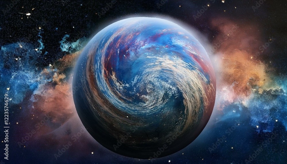 Fototapeta premium 암흑 공간에 떠있는 독특한 색상의 구형 행성