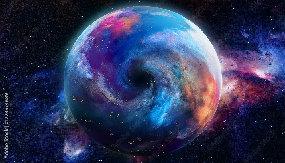 Obraz premium 암흑 공간에 떠있는 독특한 색상의 구형 행성