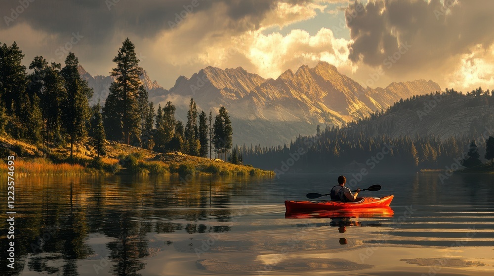 Young caucasian male kayaking on serene mountain lake at sunset Young caucasian male kayaking on serene mountain lake at sunset