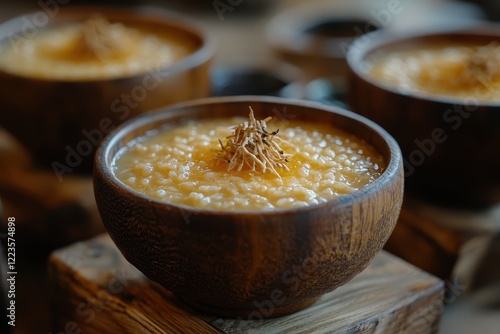 Korean sweet rice beverage Sikhye or Dongdongju in a wooden bowl photo