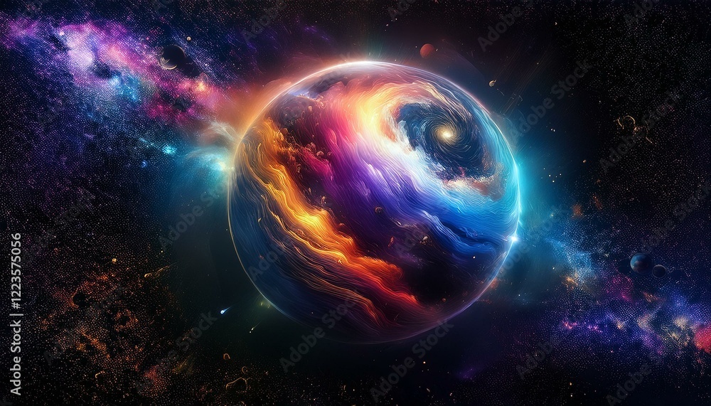 Obraz premium 암흑 공간에 떠있는 독특한 색상의 구형 행성