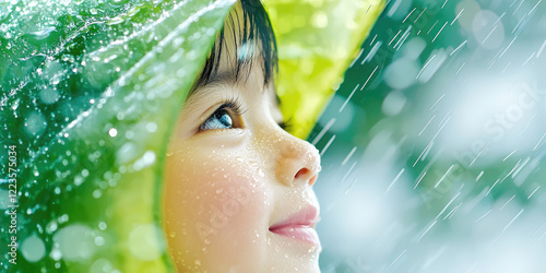 A child having fun outside in the rain dressed in a rubber raincoat. Outdoor activities, strengthening immunity, rainy weather photo