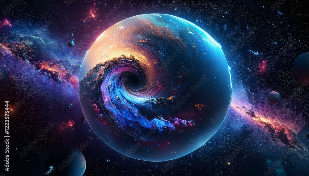 Obraz premium 암흑 공간에 떠있는 독특한 색상의 구형 행성
