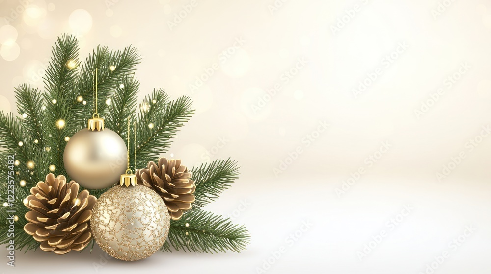 Obraz premium Festive Gold Ornaments, Pine Cones, Christmas Greeting Card