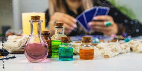 Woman fortune teller prepares a potion. Selective focus. photo