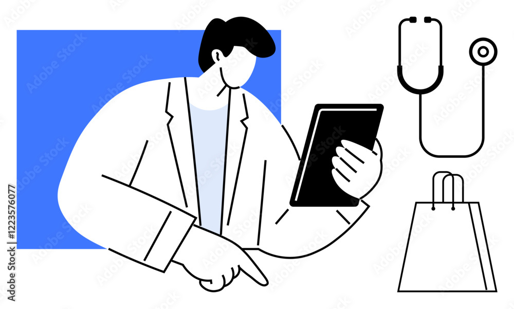 Doctor holding a tablet, stethoscope next to a shopping bag. Ideal for telemedicine, e-commerce, healthcare, digital transformation, medical apps, e-shopping and online services. Line metaphor Doctor holding a tablet, stethoscope next to a shopping bag. Ideal for telemedicine, e-commerce, healthcare, digital transformation, medical apps, e-shopping and online services. Line metaphor