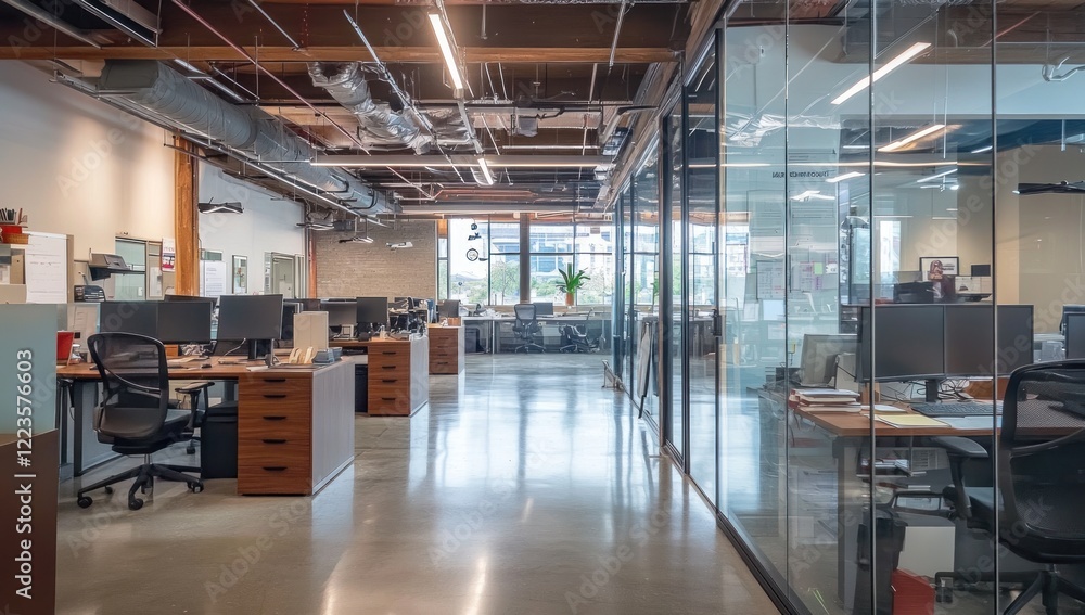 Modern Open Plan Office Space Design, Industrial Chic Interior, Sleek Workstations, Glass Partitions Modern Open Plan Office Space Design, Industrial Chic Interior, Sleek Workstations, Glass Partitions